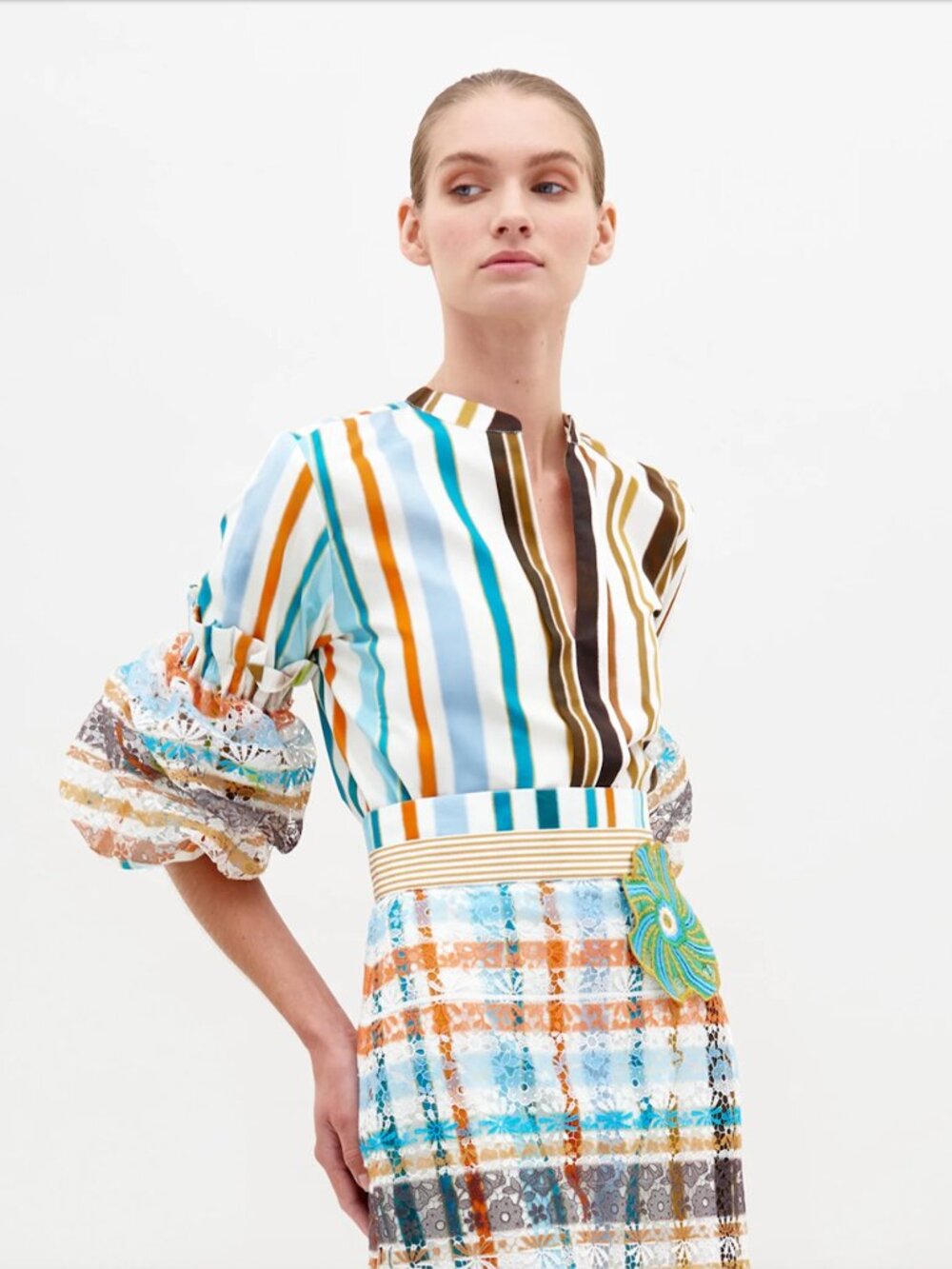 Silvia Tcherassi Nuru Blouse Size M Multicolor Stripe Lace Cuff Designer Top
